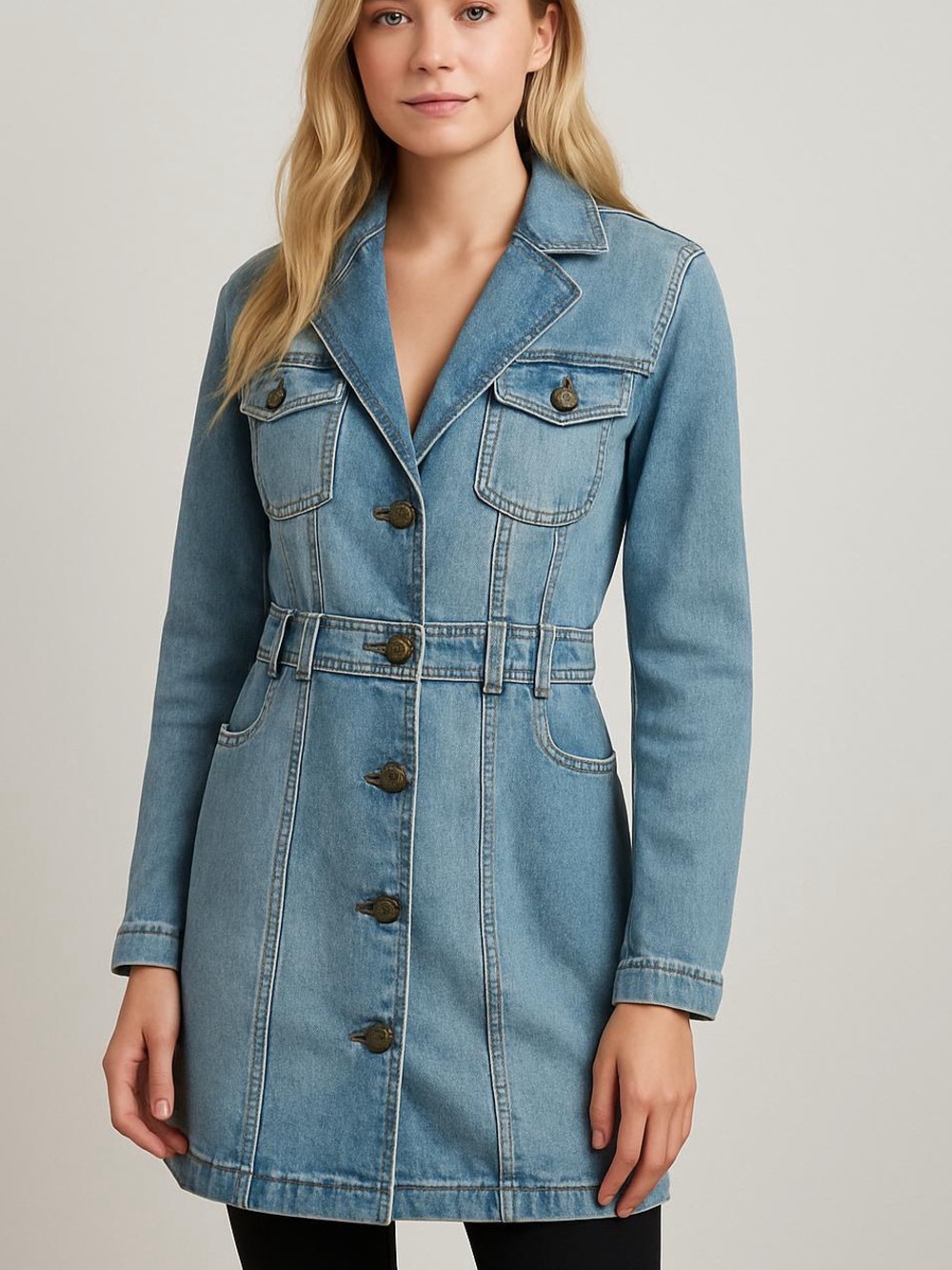 Diane Gilman Vintage Light Blue Long Denim Jacket with Button Front Sz S